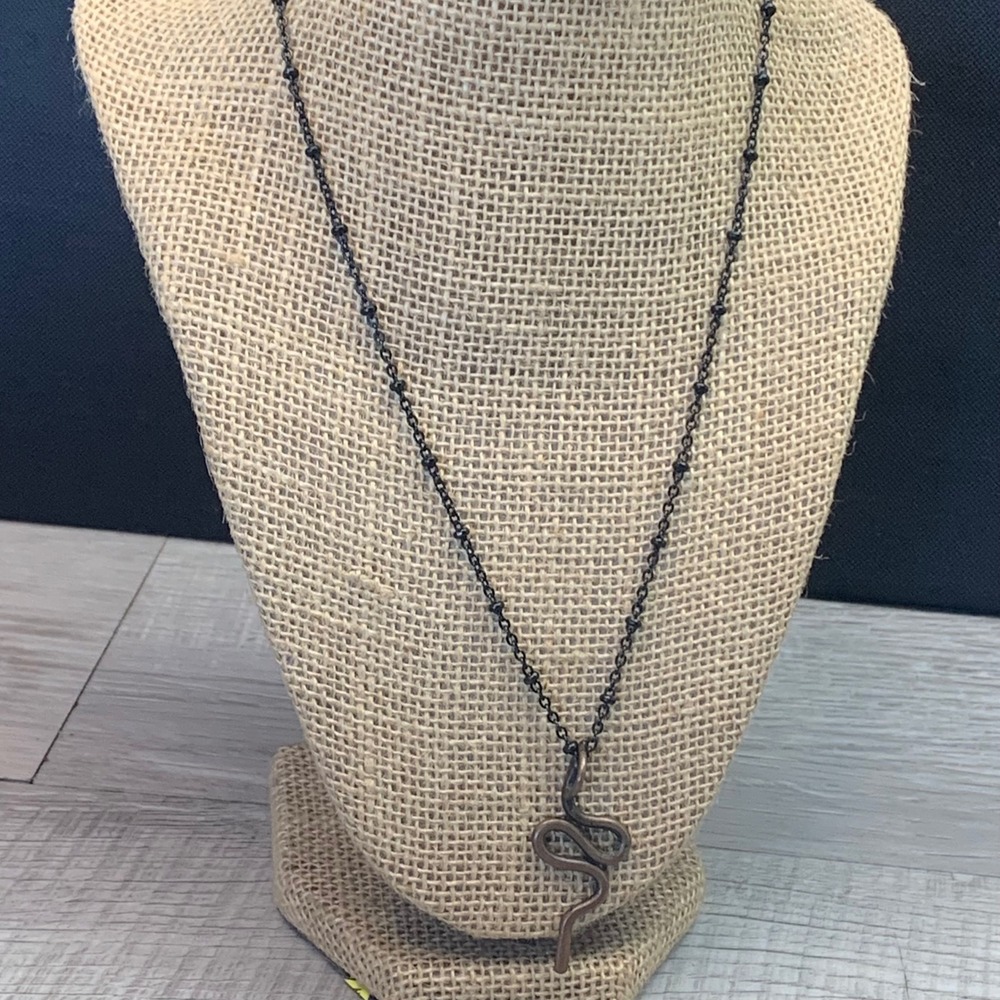 Copper Snake Pendant Necklace Black Beaded Link Chain 18 Inch Handcrafted Style